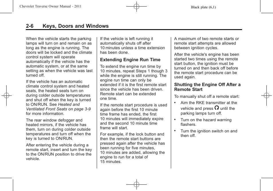 6 keys, doors and windows | CHEVROLET 2011 Traverse User Manual | Page 38 / 452