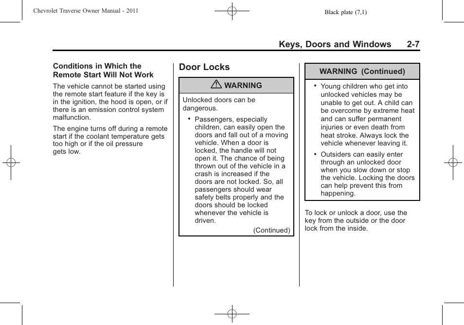 Door locks, Door locks -7, Keys, doors and windows 2-7 | CHEVROLET 2011 Traverse User Manual | Page 39 / 452