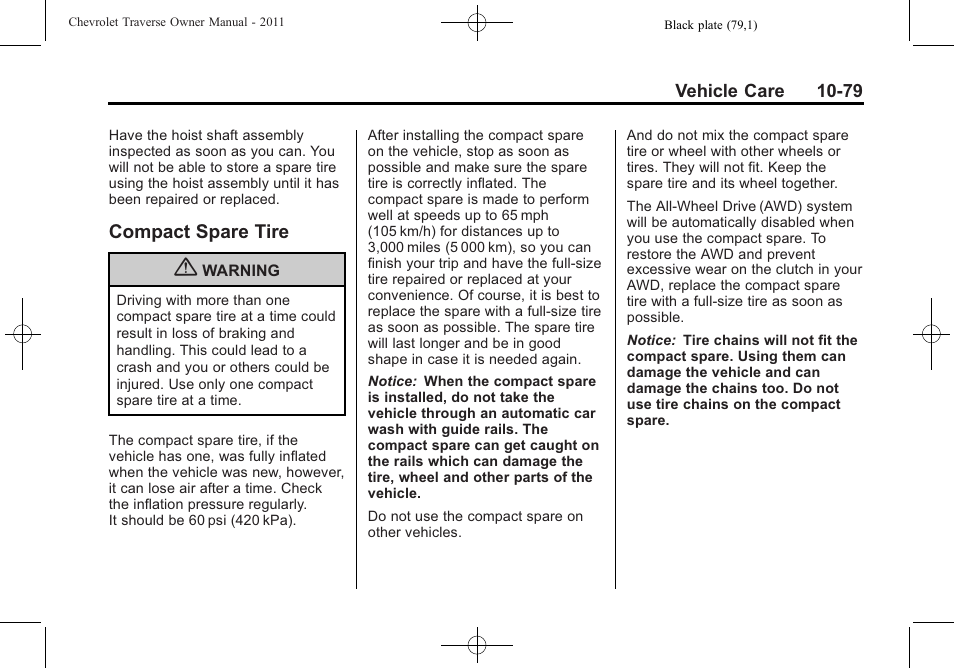 Compact spare tire, Compact spare tire -79 | CHEVROLET 2011 Traverse User Manual | Page 391 / 452