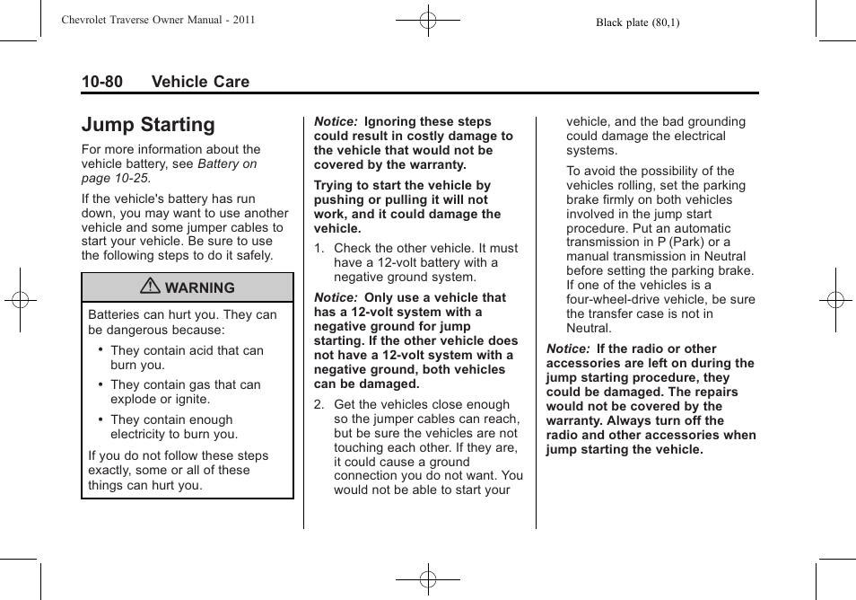 Jump starting, Jump starting -80, 80 vehicle care | CHEVROLET 2011 Traverse User Manual | Page 392 / 452