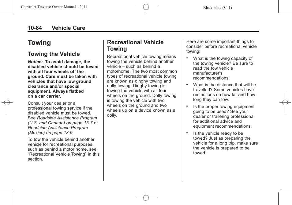 Towing, Towing the vehicle, Recreational vehicle towing | Towing -84, Towing the vehicle -84 recreational vehicle, 84 vehicle care | CHEVROLET 2011 Traverse User Manual | Page 396 / 452
