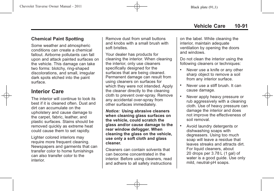 Interior care, Interior care -91, Vehicle care 10-91 | CHEVROLET 2011 Traverse User Manual | Page 403 / 452