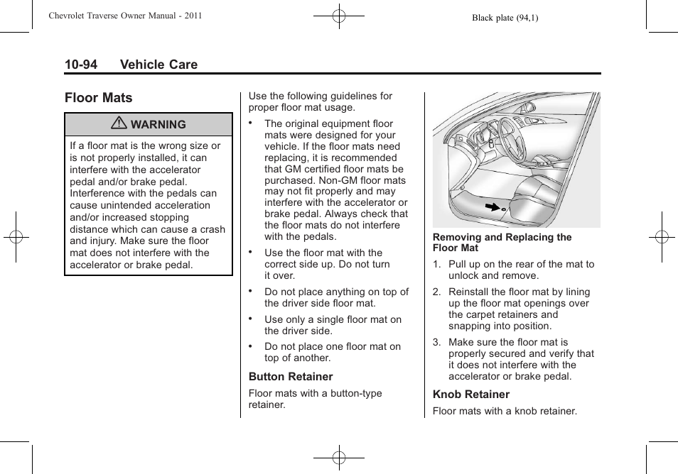 Floor mats, Floor mats -94, 94 vehicle care | CHEVROLET 2011 Traverse User Manual | Page 406 / 452