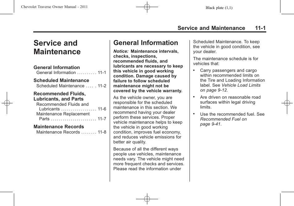 Service and maintenance, General information, Service and maintenance -1 | General information -1, Service and maintenance 11-1 | CHEVROLET 2011 Traverse User Manual | Page 409 / 452