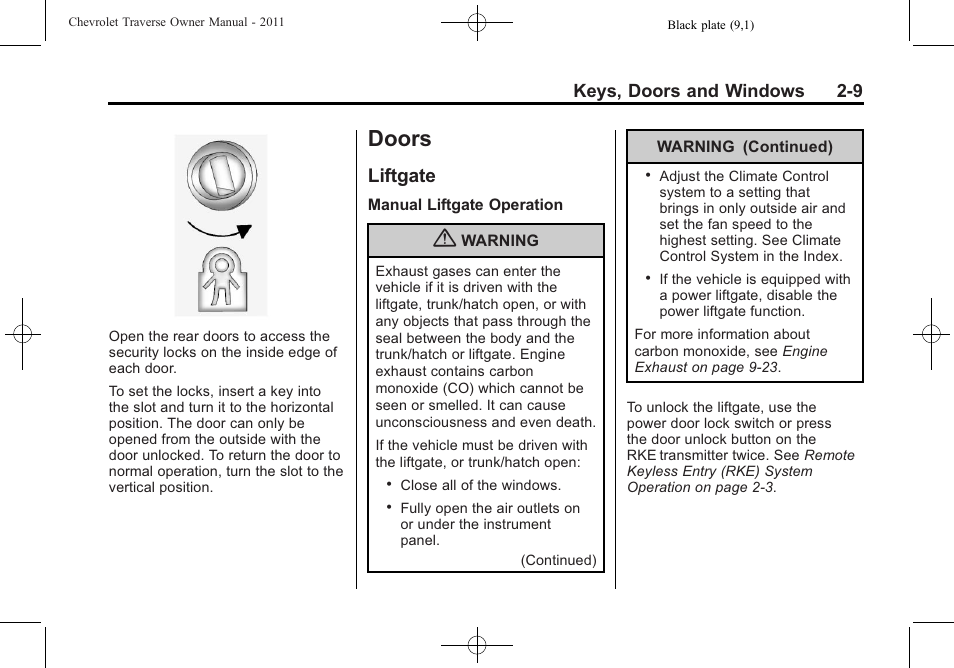 Doors, Liftgate, Doors -9 | Information, Liftgate -9, Keys, doors and windows 2-9 | CHEVROLET 2011 Traverse User Manual | Page 41 / 452