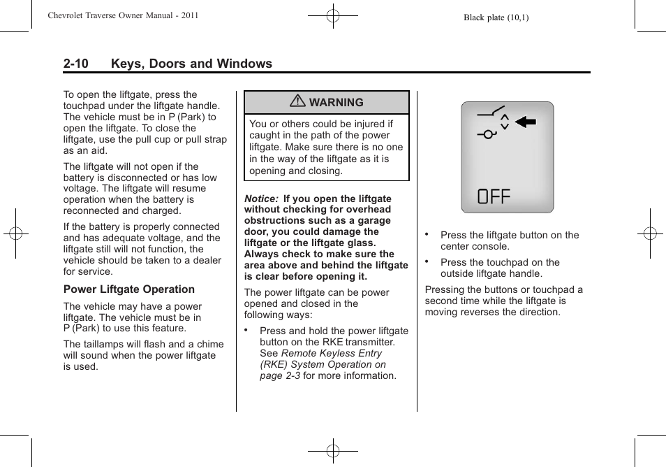 10 keys, doors and windows | CHEVROLET 2011 Traverse User Manual | Page 42 / 452