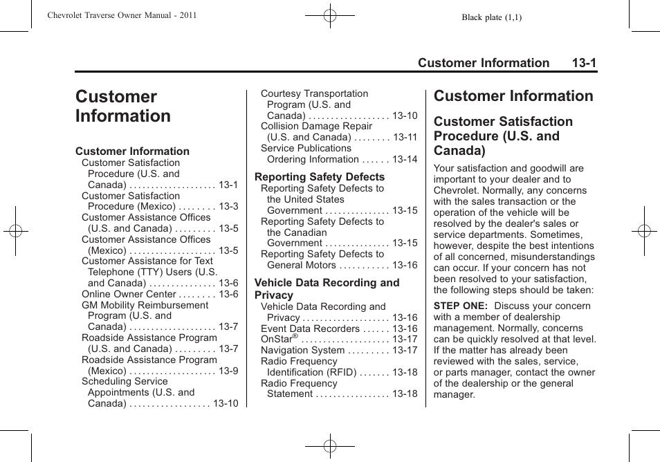 Customer information, Customer satisfaction procedure (u.s. and canada), Customer information -1 | Customer information 13-1 | CHEVROLET 2011 Traverse User Manual | Page 423 / 452