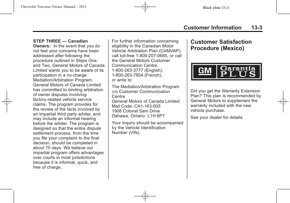 Customer satisfaction procedure (mexico), Customer satisfaction, Procedure (mexico) -3 | CHEVROLET 2011 Traverse User Manual | Page 425 / 452