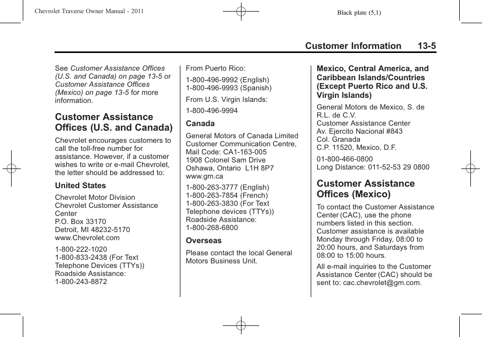 Customer assistance offices (u.s. and canada), Customer assistance offices (mexico), Customer assistance offices | U.s. and canada) -5, Mexico) -5, Reporting safety | CHEVROLET 2011 Traverse User Manual | Page 427 / 452