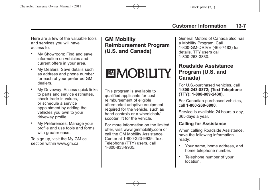 Roadside assistance program (u.s. and canada), Roadside assistance program, Gm mobility reimbursement | Program (u.s. and canada) -7, U.s. and canada) -7, Navigation, Customer information 13-7 | CHEVROLET 2011 Traverse User Manual | Page 429 / 452