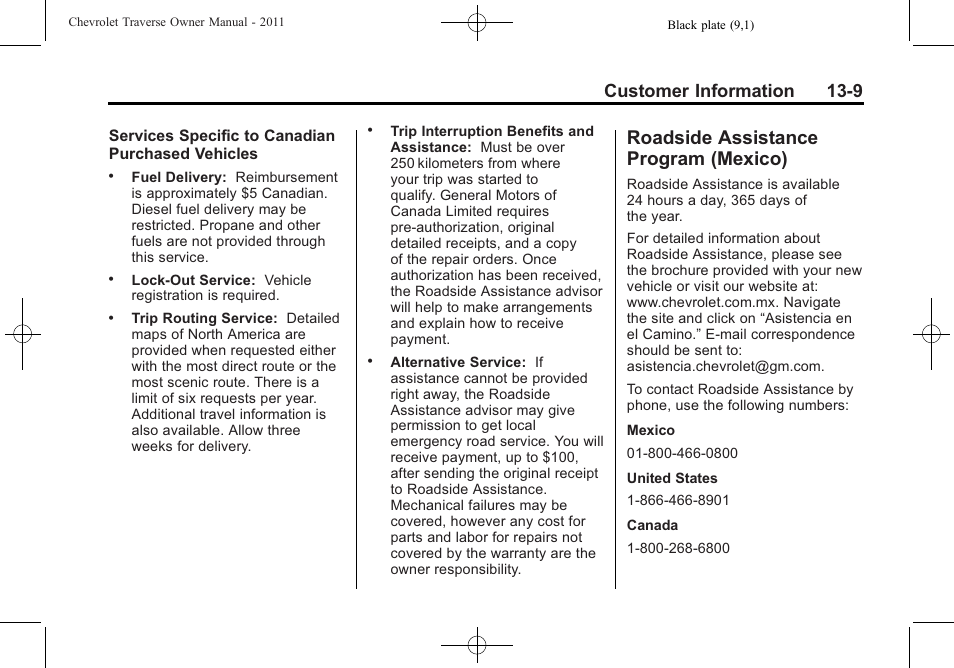 Roadside assistance program (mexico), Roadside assistance program, Mexico) -9 | Customer information 13-9 | CHEVROLET 2011 Traverse User Manual | Page 431 / 452