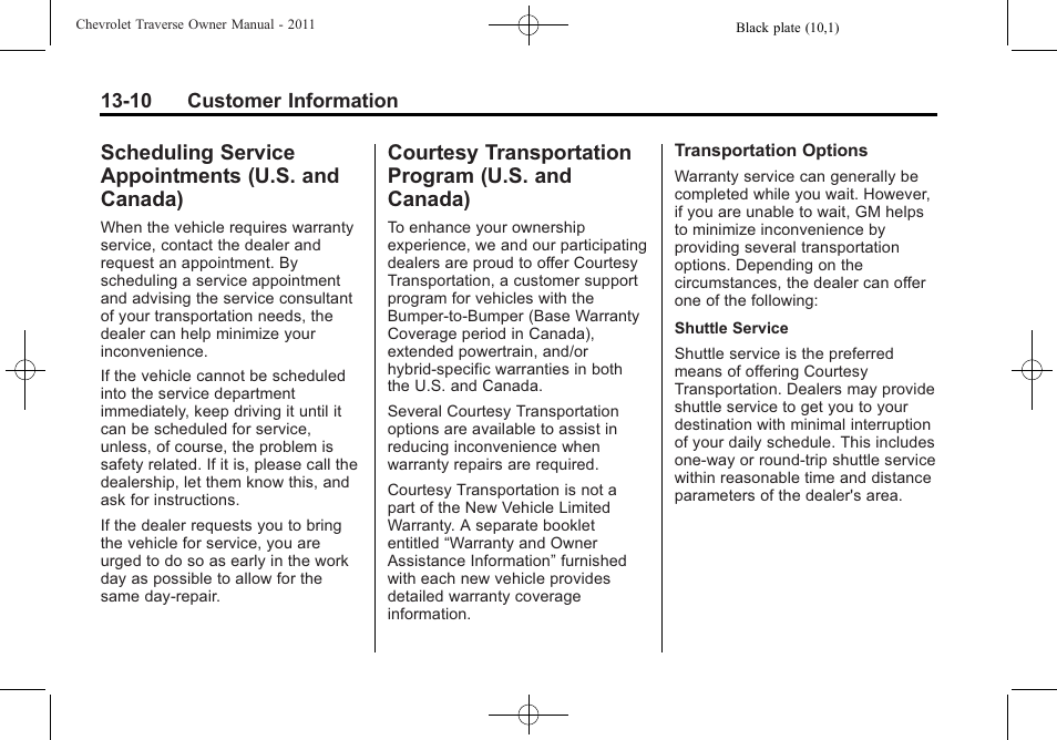 Scheduling service appointments (u.s. and canada), Courtesy transportation program (u.s. and canada), Scheduling service | Appointments (u.s. and canada) -10, Courtesy transportation, Program (u.s. and canada) -10 | CHEVROLET 2011 Traverse User Manual | Page 432 / 452