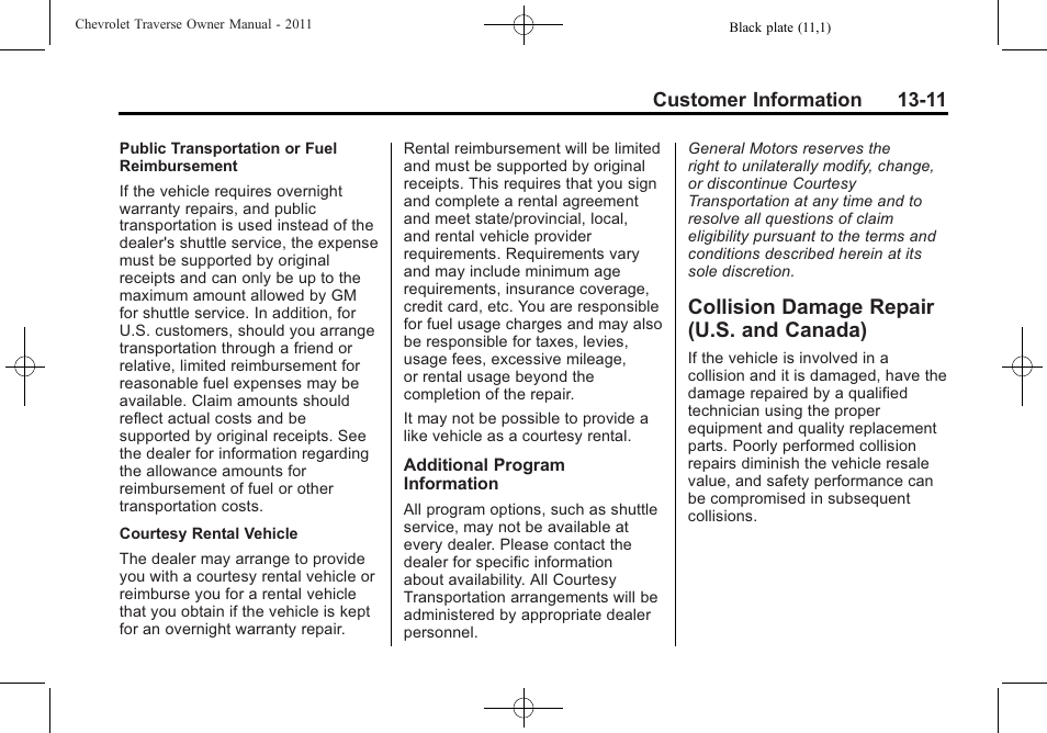 Collision damage repair (u.s. and canada), Collision damage repair, U.s. and canada) -11 | Procedure | CHEVROLET 2011 Traverse User Manual | Page 433 / 452