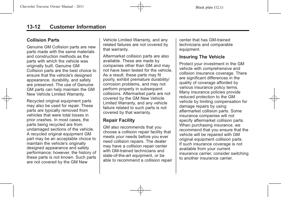 12 customer information | CHEVROLET 2011 Traverse User Manual | Page 434 / 452