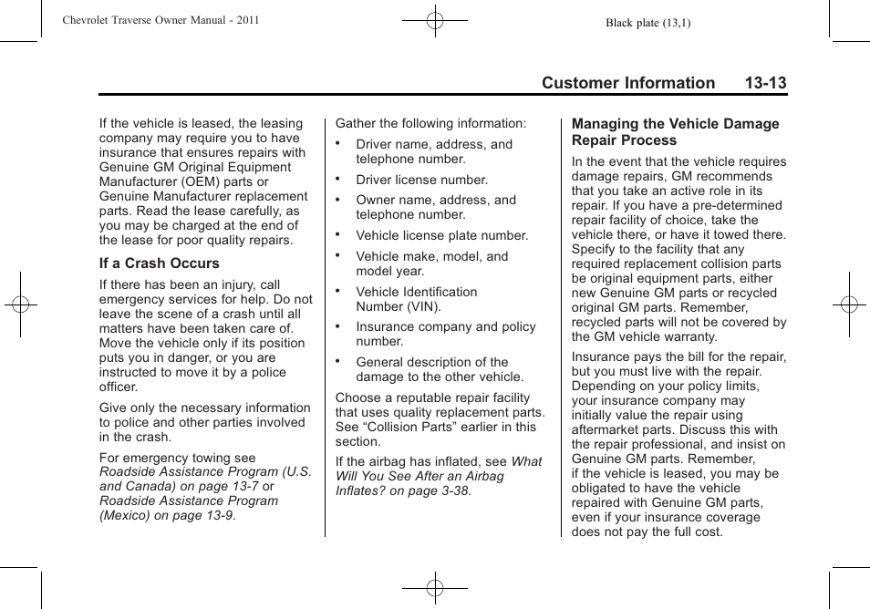 Customer information 13-13 | CHEVROLET 2011 Traverse User Manual | Page 435 / 452