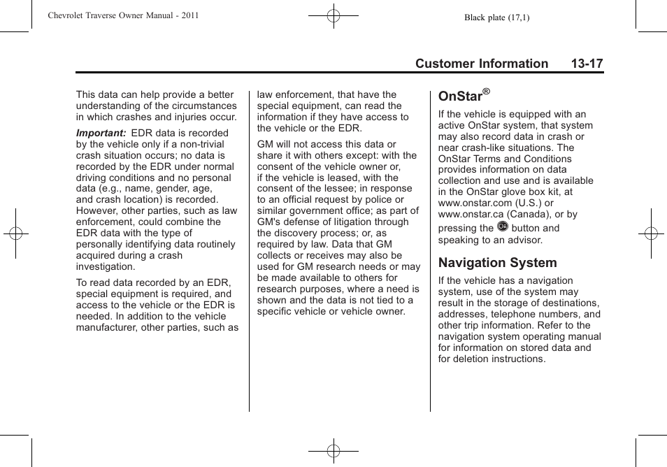 Onstar, Navigation system, System -17 | CHEVROLET 2011 Traverse User Manual | Page 439 / 452