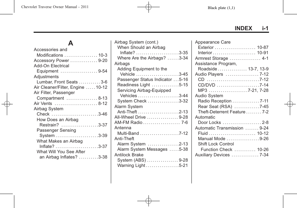 Index, Index_a, Index i-1 | CHEVROLET 2011 Traverse User Manual | Page 441 / 452