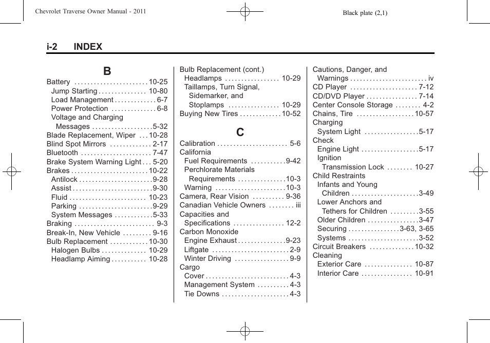 Index_b, Index_c, I-2 index | CHEVROLET 2011 Traverse User Manual | Page 442 / 452