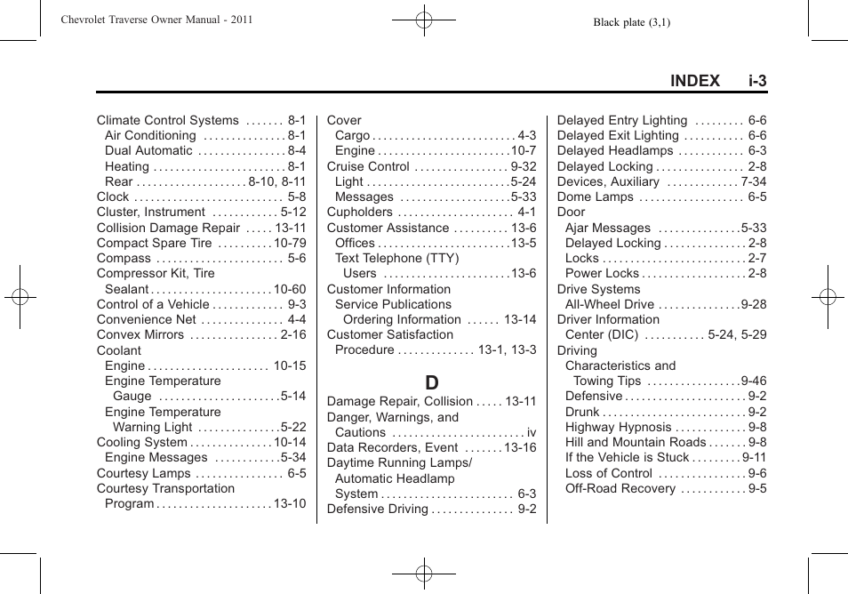 Index_d, Index i-3 | CHEVROLET 2011 Traverse User Manual | Page 443 / 452