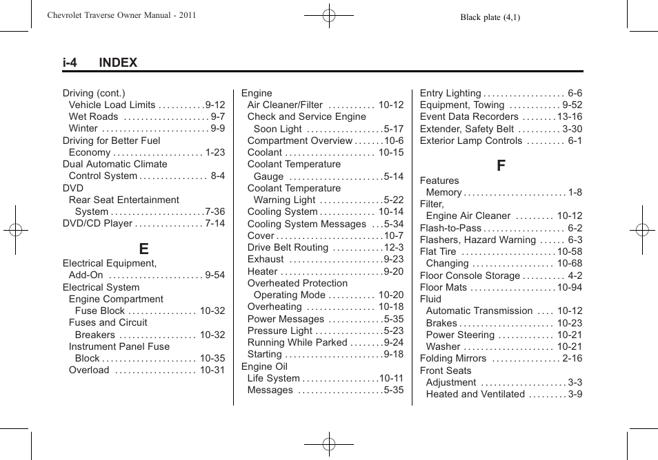 Index_e, Index_f, I-4 index | CHEVROLET 2011 Traverse User Manual | Page 444 / 452