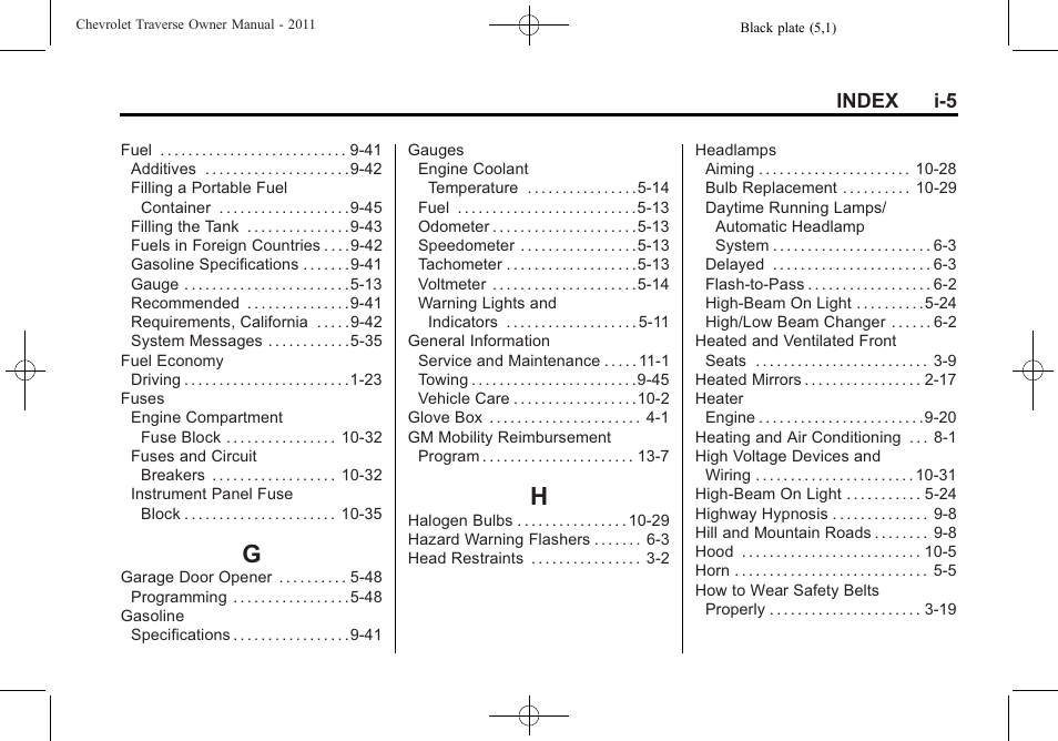 Index_g, Index_h, Index i-5 | CHEVROLET 2011 Traverse User Manual | Page 445 / 452