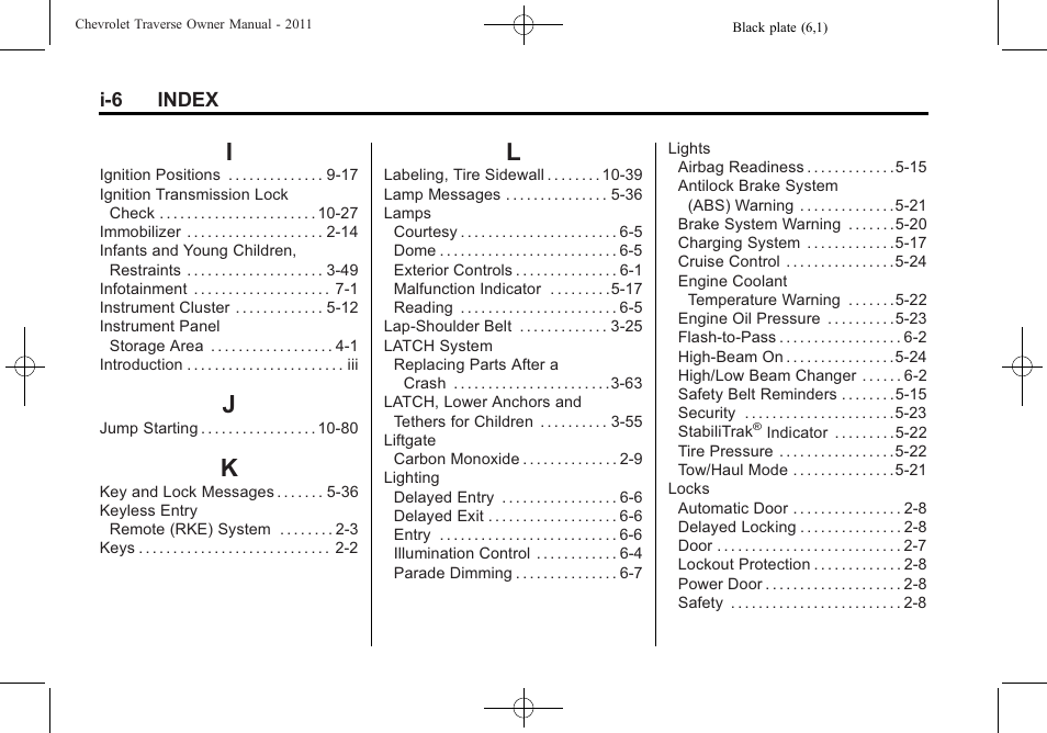 Index_i, Index_j, Index_k | Index_l | CHEVROLET 2011 Traverse User Manual | Page 446 / 452