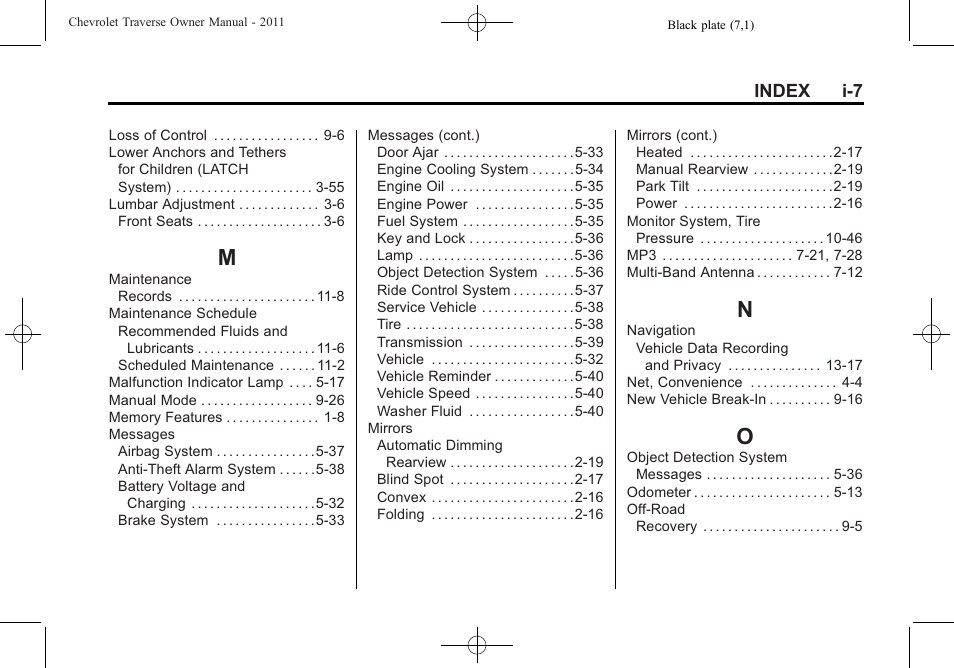 Index_m, Index_n, Index_o | CHEVROLET 2011 Traverse User Manual | Page 447 / 452