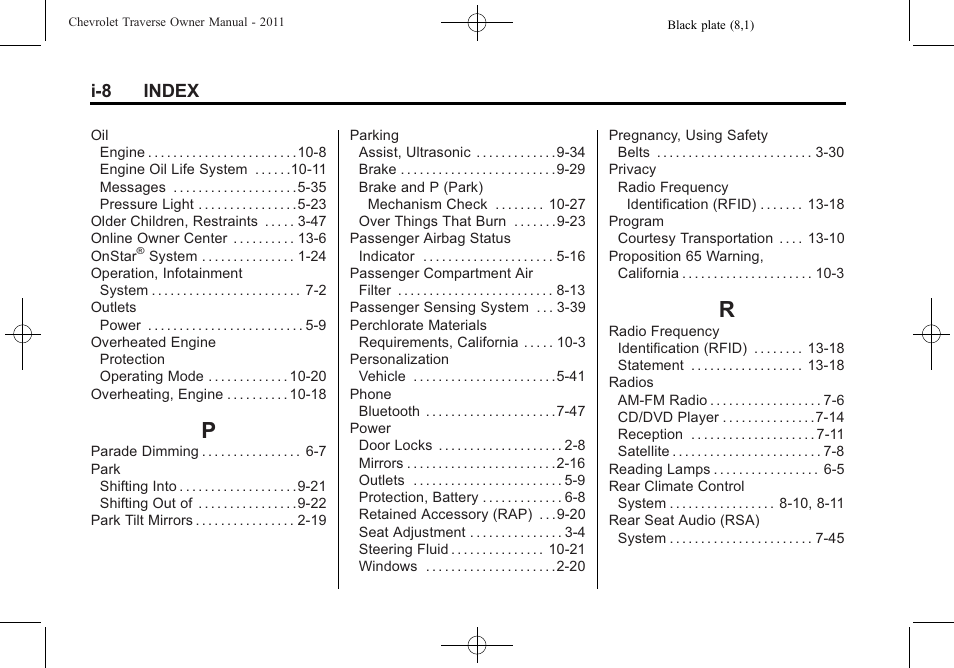 Index_p, Index_r, I-8 index | CHEVROLET 2011 Traverse User Manual | Page 448 / 452