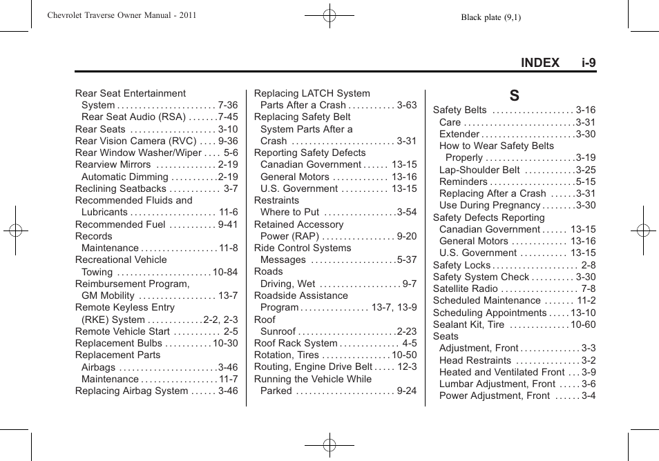 Index_s, Index i-9 | CHEVROLET 2011 Traverse User Manual | Page 449 / 452