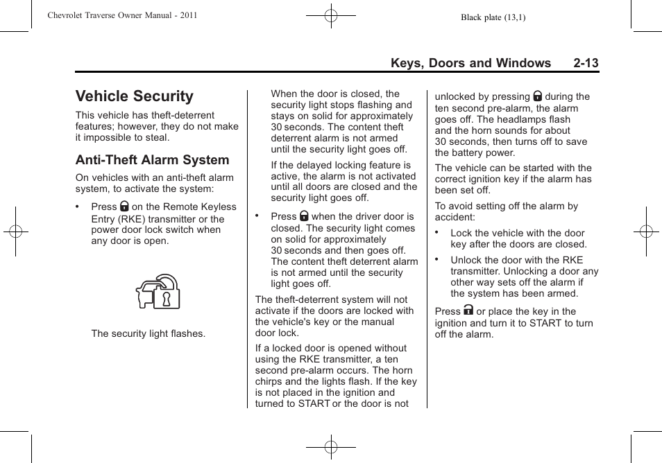 Vehicle security, Anti-theft alarm system, Vehicle security -13 | Vehicle, Vehicle security -13 anti-theft alarm system -13, Keys, doors and windows 2-13 | CHEVROLET 2011 Traverse User Manual | Page 45 / 452