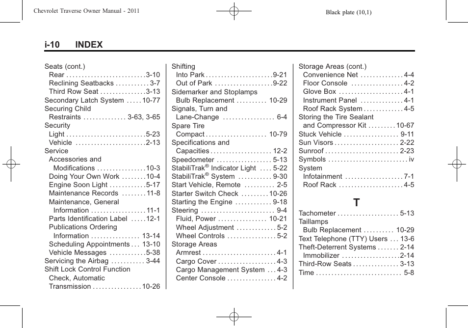 Index_t, I-10 index | CHEVROLET 2011 Traverse User Manual | Page 450 / 452