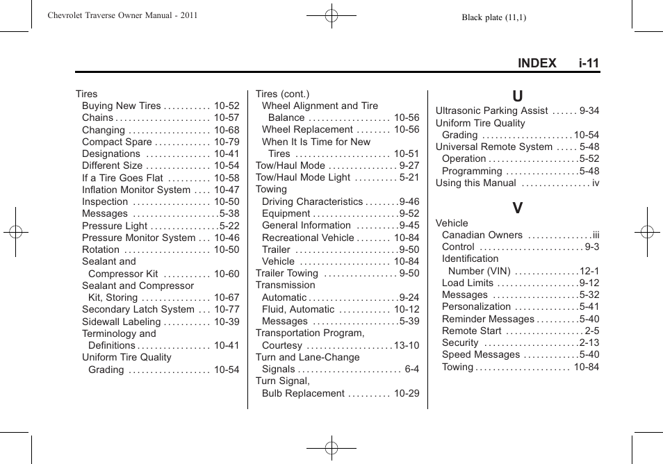 Index_u, Index_v, Index i-11 | CHEVROLET 2011 Traverse User Manual | Page 451 / 452