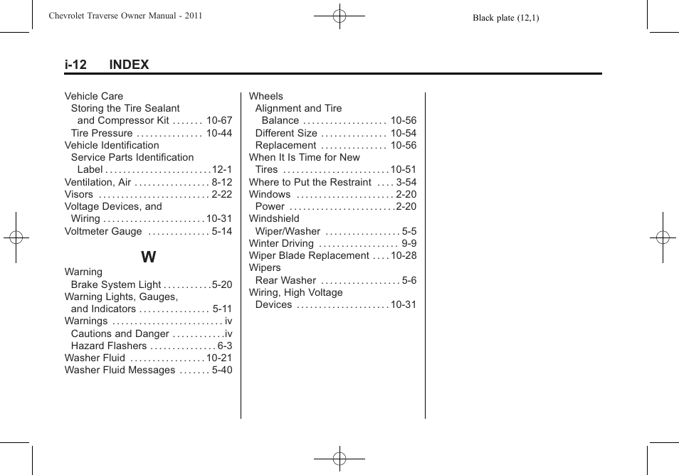 Index_w, I-12 index | CHEVROLET 2011 Traverse User Manual | Page 452 / 452