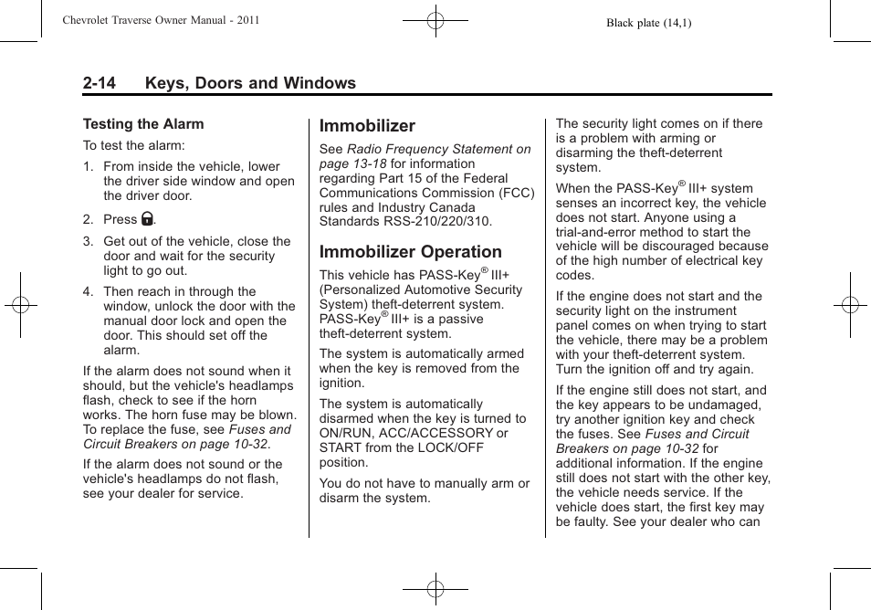 Immobilizer, Immobilizer operation, Immobilizer -14 immobilizer operation -14 | 14 keys, doors and windows | CHEVROLET 2011 Traverse User Manual | Page 46 / 452