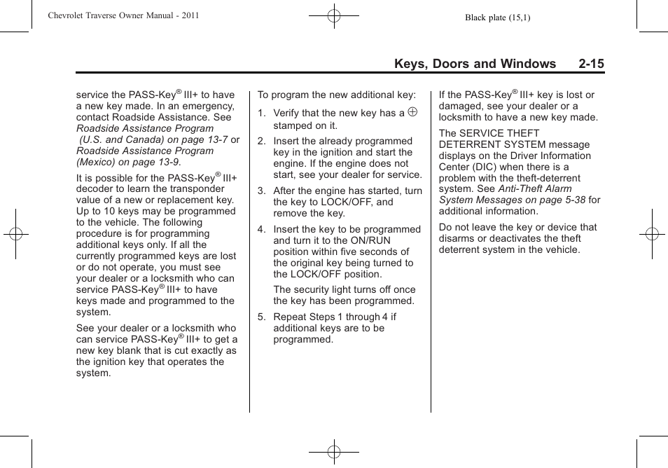 Keys, doors and windows 2-15 | CHEVROLET 2011 Traverse User Manual | Page 47 / 452