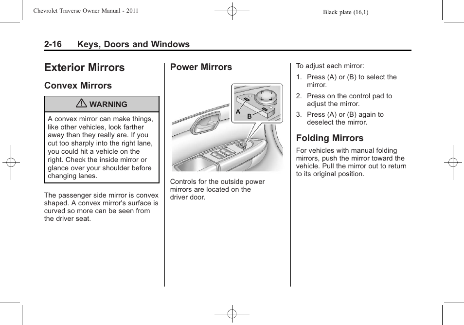Exterior mirrors, Convex mirrors, Power mirrors | Folding mirrors, Exterior mirrors -16, Vehicle personalization | CHEVROLET 2011 Traverse User Manual | Page 48 / 452