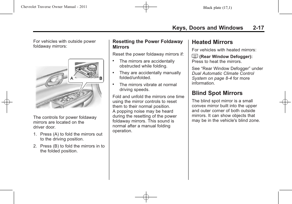 Heated mirrors, Blind spot mirrors, Heated mirrors -17 blind spot mirrors -17 | Keys, doors and windows 2-17 | CHEVROLET 2011 Traverse User Manual | Page 49 / 452