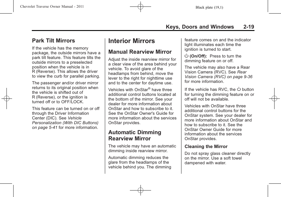 Park tilt mirrors, Interior mirrors, Manual rearview mirror | Automatic dimming rearview mirror, Interior mirrors -19, Universal, Park tilt mirrors -19, Mirror -19 | CHEVROLET 2011 Traverse User Manual | Page 51 / 452