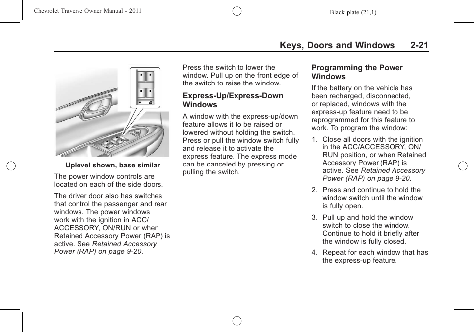 Keys, doors and windows 2-21 | CHEVROLET 2011 Traverse User Manual | Page 53 / 452
