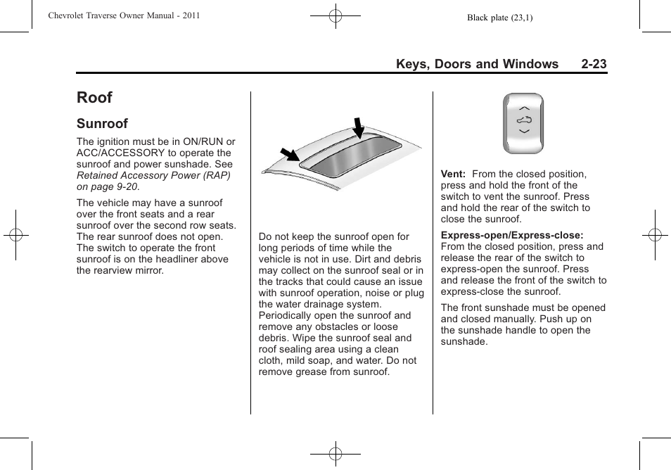 Roof, Sunroof, Roof -23 | Sunroof -23 | CHEVROLET 2011 Traverse User Manual | Page 55 / 452
