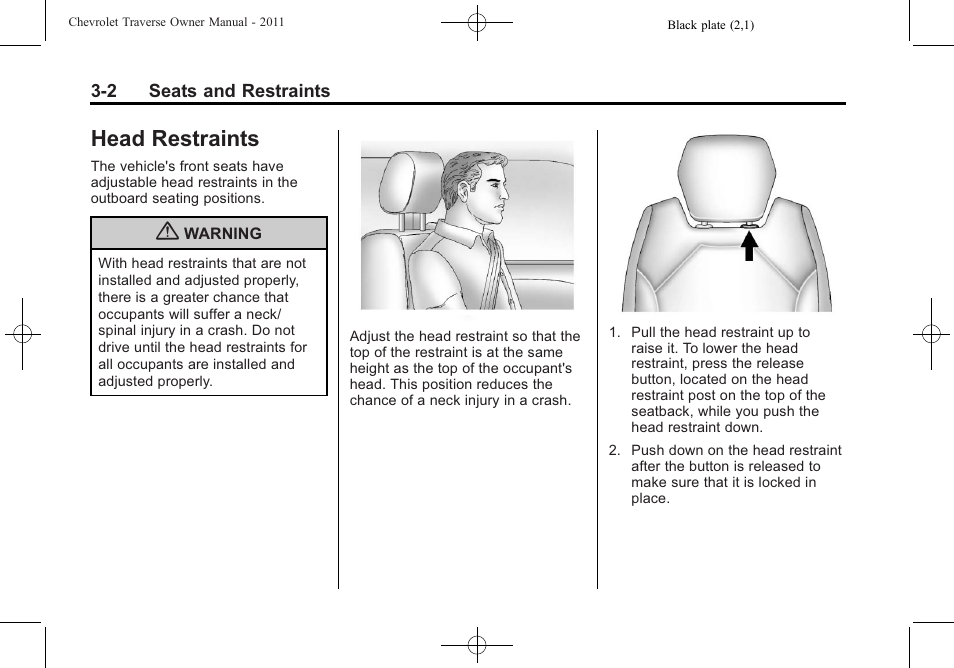 Head restraints, Head restraints -2 | CHEVROLET 2011 Traverse User Manual | Page 58 / 452