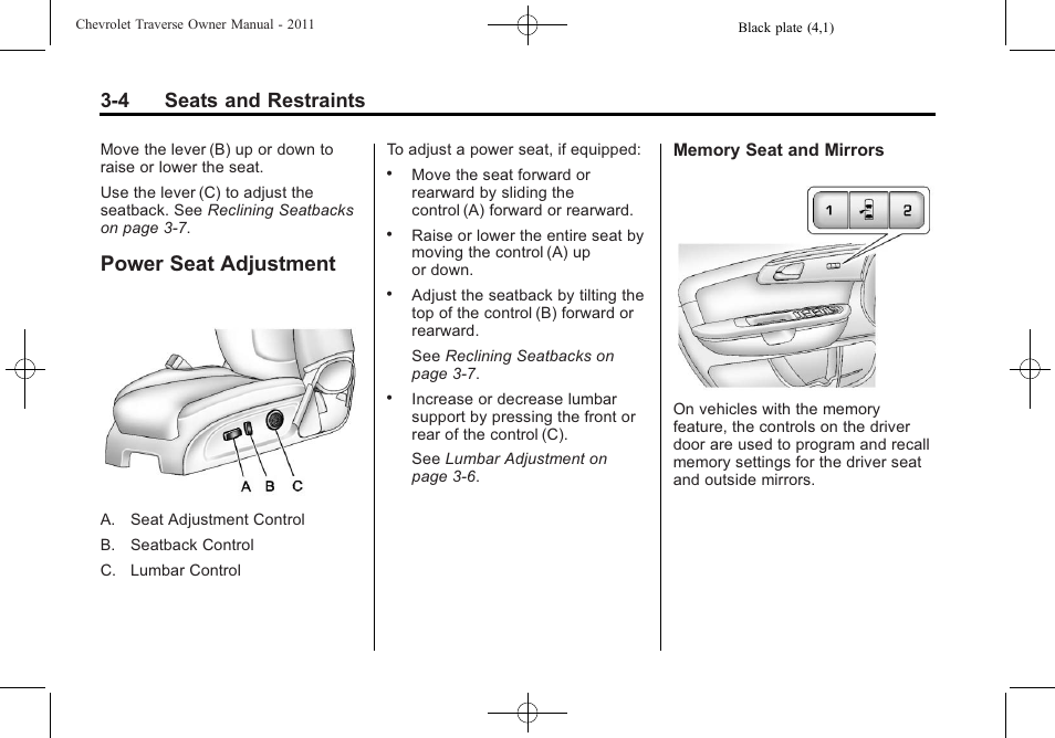 Power seat adjustment, Power seat adjustment -4, 4 seats and restraints | CHEVROLET 2011 Traverse User Manual | Page 60 / 452