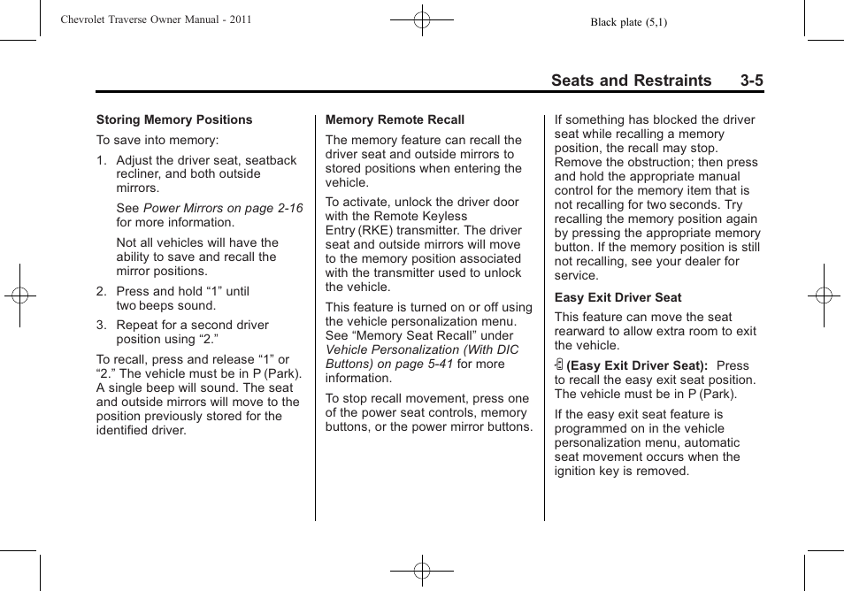 Seats and restraints 3-5 | CHEVROLET 2011 Traverse User Manual | Page 61 / 452