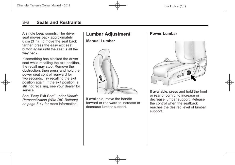 Lumbar adjustment, Lumbar adjustment -6 | CHEVROLET 2011 Traverse User Manual | Page 62 / 452