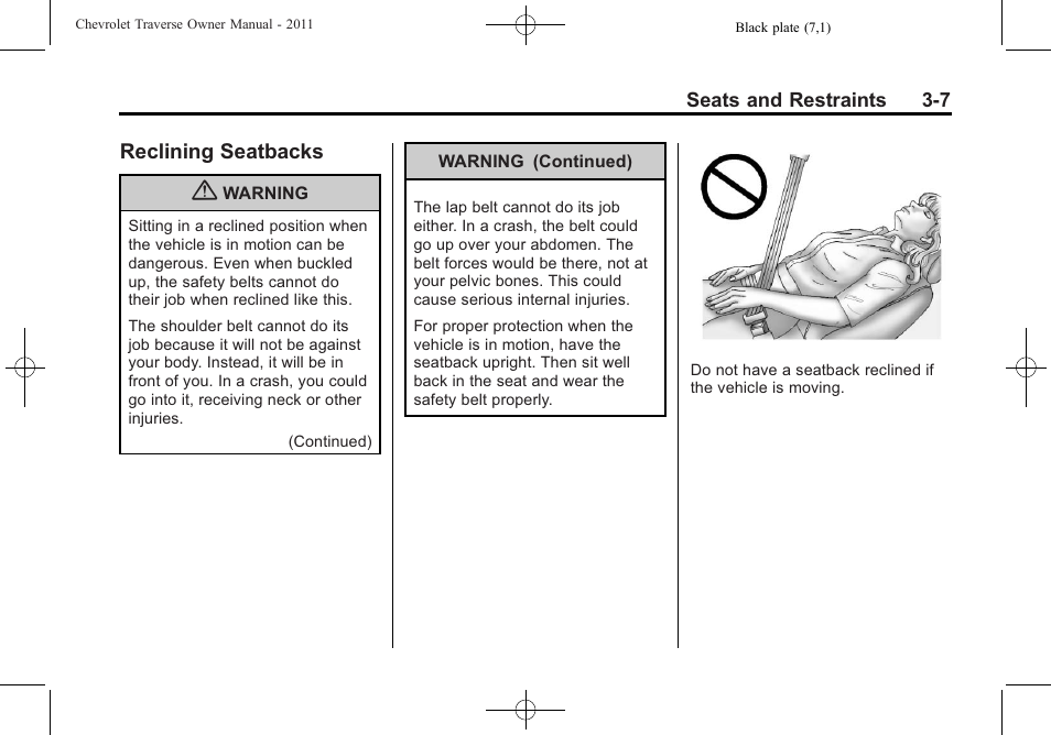 Reclining seatbacks, Reclining seatbacks -7 | CHEVROLET 2011 Traverse User Manual | Page 63 / 452