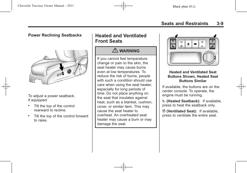 Heated and ventilated front seats, Heated and ventilated front, Seats -9 | CHEVROLET 2011 Traverse User Manual | Page 65 / 452