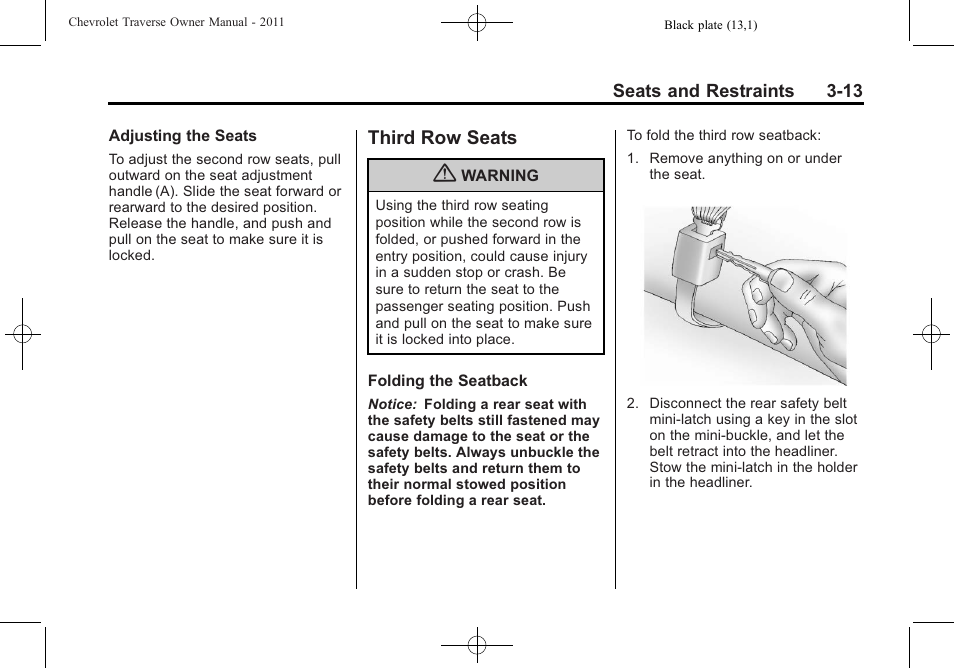 Third row seats, Third row seats -13, Servicing | CHEVROLET 2011 Traverse User Manual | Page 69 / 452