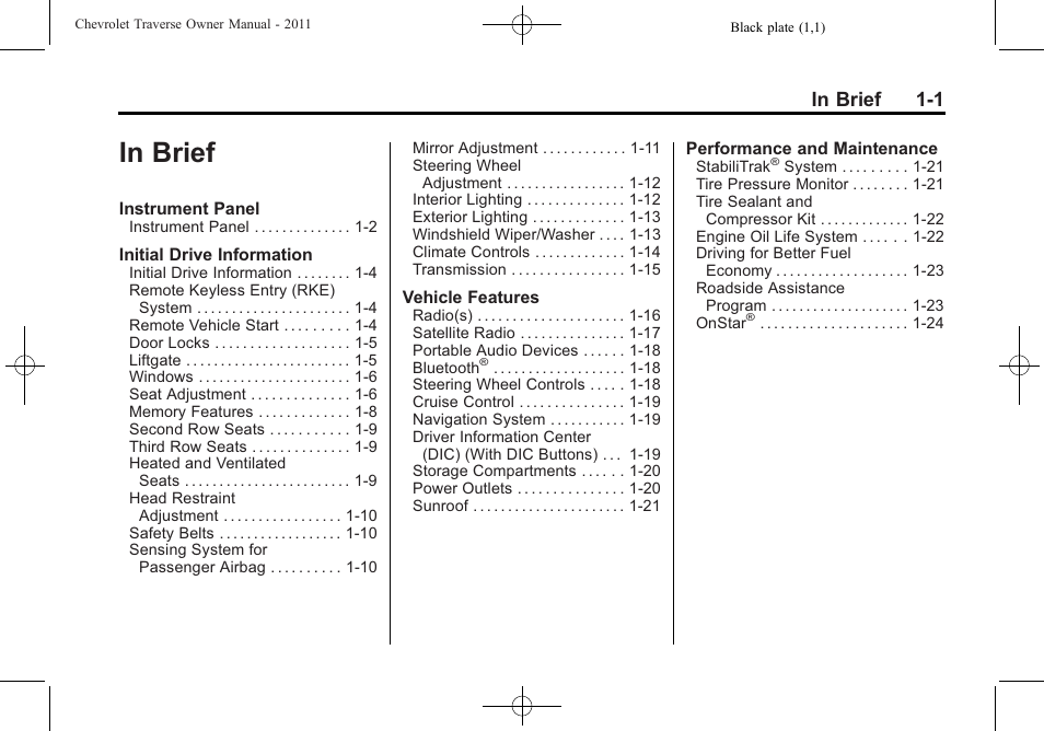 In brief, In brief -1 | CHEVROLET 2011 Traverse User Manual | Page 7 / 452