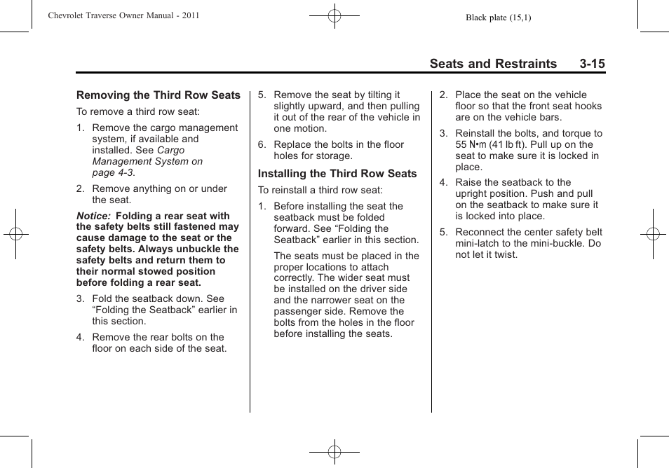 Seats and restraints 3-15 | CHEVROLET 2011 Traverse User Manual | Page 71 / 452