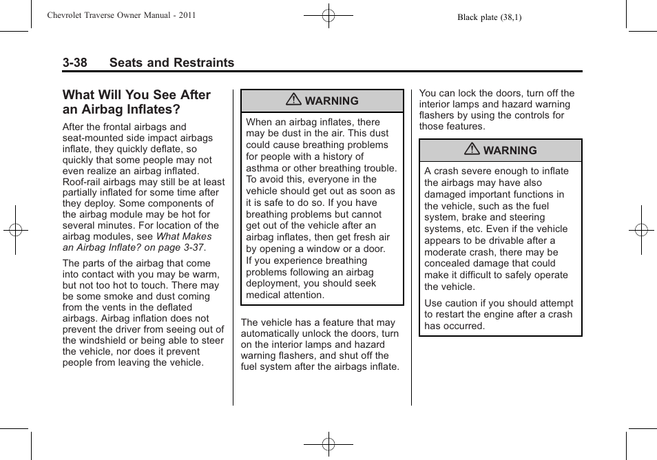 What will you see after an airbag inflates, What will you see after an, Airbag inflates? -38 | CHEVROLET 2011 Traverse User Manual | Page 94 / 452